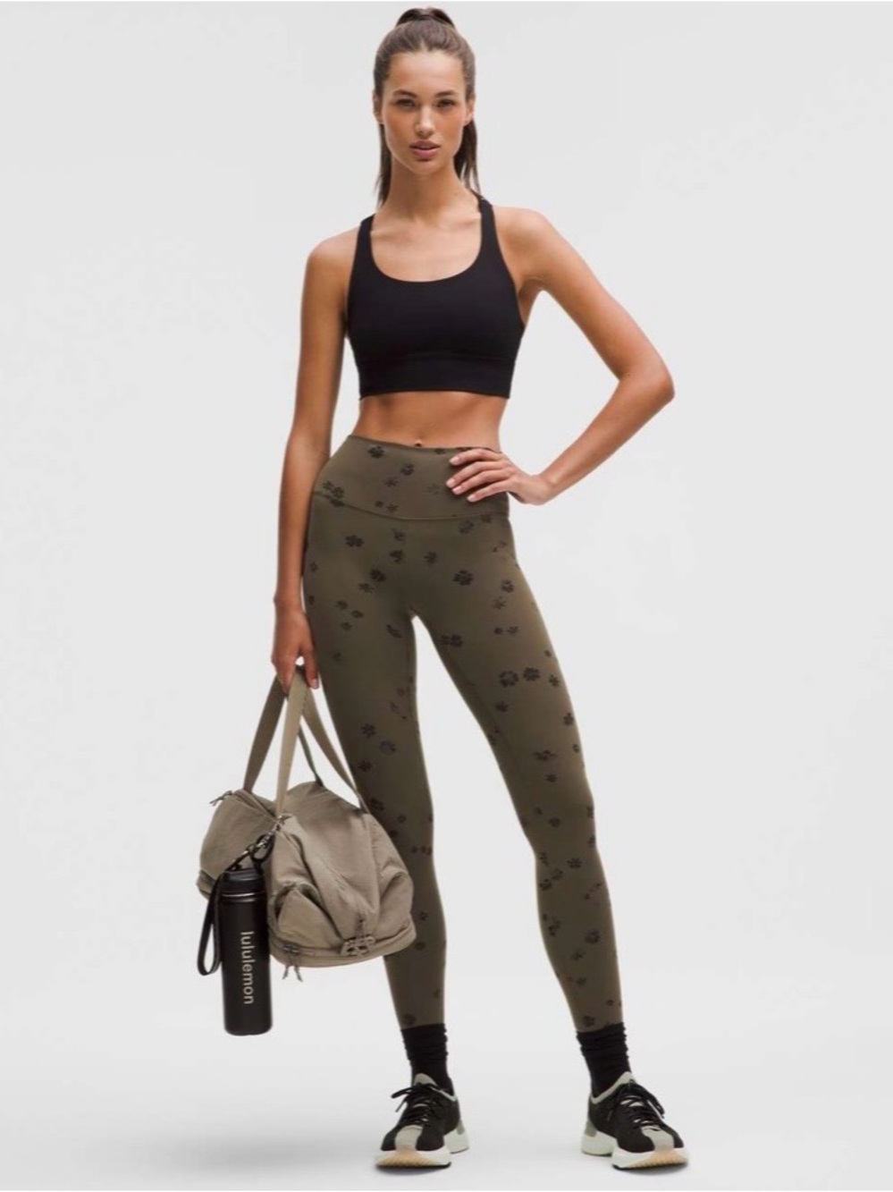 Lululemon Floral Breeze Olive Brown Wunder Train High Rise Leggings 28" Size 8
